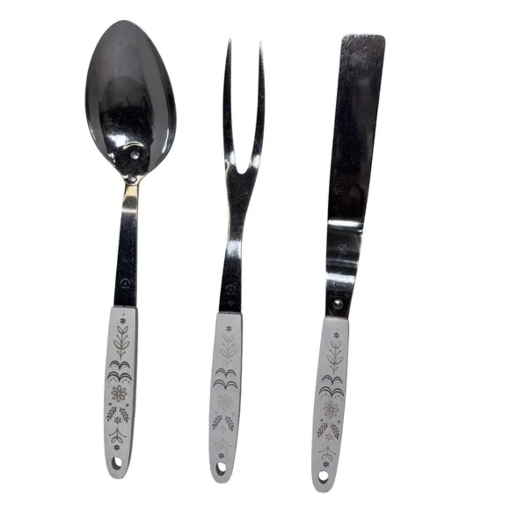 Vintage Flint‎ Ekco Kitchen Utensil Set Stainless USA Floral White Handles 3pc